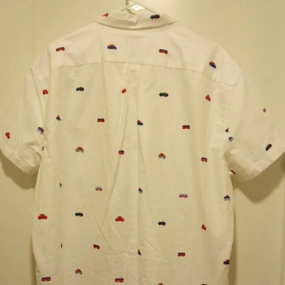 J Crew Men's Flex Oxford Tops 2XL Cotton Slim Fit Cars Graphic Print Shirt $89